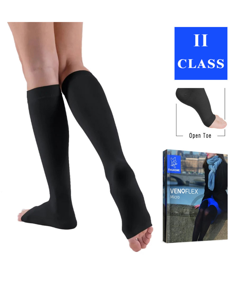 Гольфы женские компрессионные Venoflex Micro 2 класс с открытым носком, черные, удлиненные