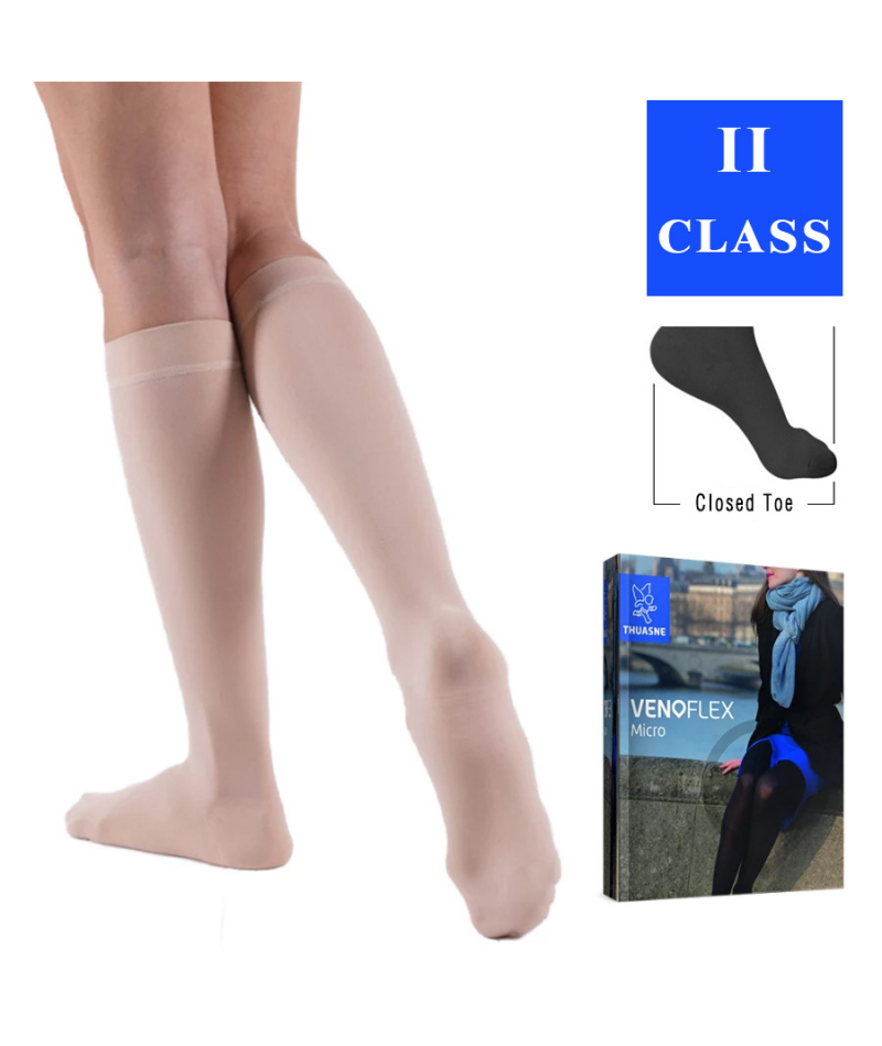 Гольфы женские компрессионные Venoflex Micro 2 класс с закрытым носком, карамельные, удлиненные