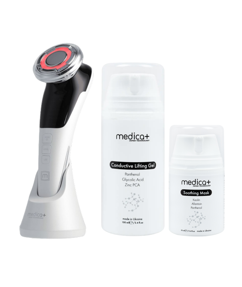 Набор Микротоковый RF Lifting Массажер для лица Skin Lifting 7.0 White + Токопроводящий гель + Успокаивающая маска для лица MEDICA+
