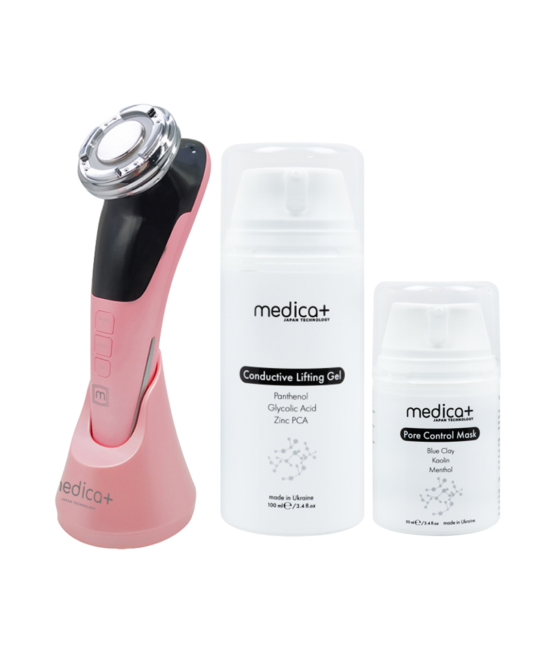 Набор Микротоковый RF Lifting Массажер для лица Skin Lifting 7.0 Pink + Токопроводящий гель + Поросуживающая маска для лица MEDICA+