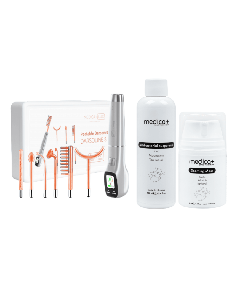 Набор Аппарат Дарсонваль Lux Darsoline 8.0 + Антибактериальная суспензия Antibacterial suspension + Успокаивающая маска Soothing Mask